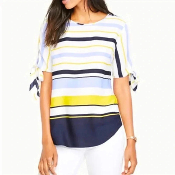ANN TAYLOR | White, Blue, Yellow Stripped Blouse with Self Tie Sleeves Size XS - Picture 1 of 7